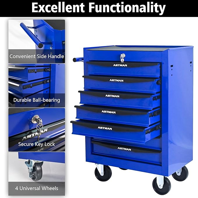 RYH 7 Drawers Rolling Tool Chest - 13 D x 20.9 W x 30.5 H Heavy Duty Mobile Tool Cart with Locking Wheels & Ball Bearing Drawers, Garage Tool Storage Cabinet (Blue, 7 Drawers)