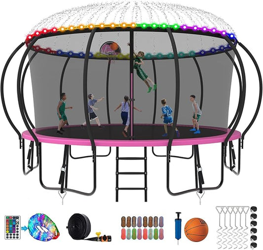 SKYUP 2026 Upgraded 8 10 12 14 15 16 FT 1500lbs Tranpoline for Kids and Adults with Light+Sprinkler+Socks, Recreational Tranpoline with Basketball Hoop, Ladder, ASTM Approved Tranpoline for 7-10 Kids