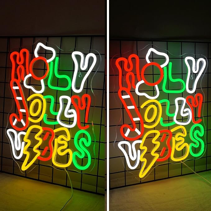 Horseneon Holy Jolly Vibes Neon Sign, Merry Christmas Neon Signs for Wall Decor, Christmas Tree Neon Light LED Sign with USB Powered for Christmas Party, Windows, Home Decor, Bedroom, Living room, Bar