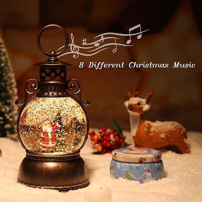 Snow Globe Lighted Christmas Decorations,Christmas Snow Globe Lantern with Musical, Retro Style Holiday Glitter Globe for Xmas Home Decoration Gifts