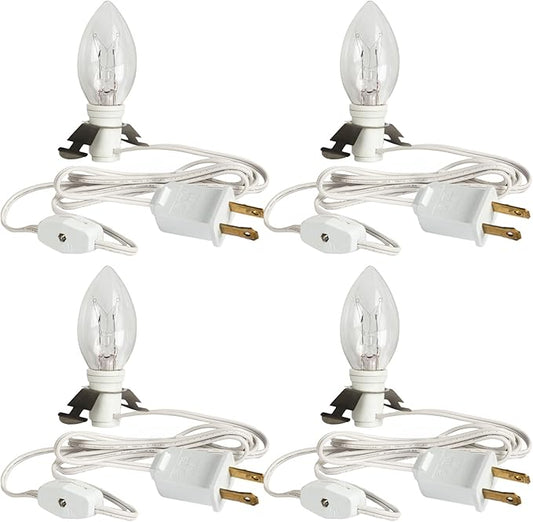 Dazzle Bright 4 Pack 6 FT Accessory Cord with Incandescent Light Bulb E12 Socket White Cord with On/Off Switch Plug, C7 Candelabra Light Bulbs for Holiday Decorations, Christmas Village House