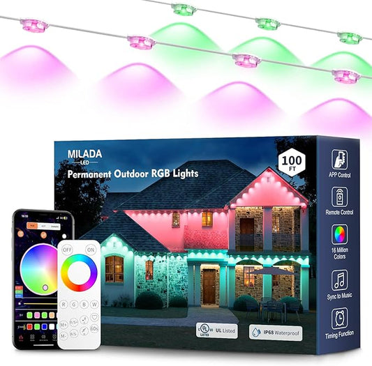 Permanent Outdoor Lights RGB 100FT/50LEDs Decor IP68 Waterproof Music Sync Eaves Lights with Remote&APP Control Suitable for Holiday Decoration Christmas Garden Party Decor Deck