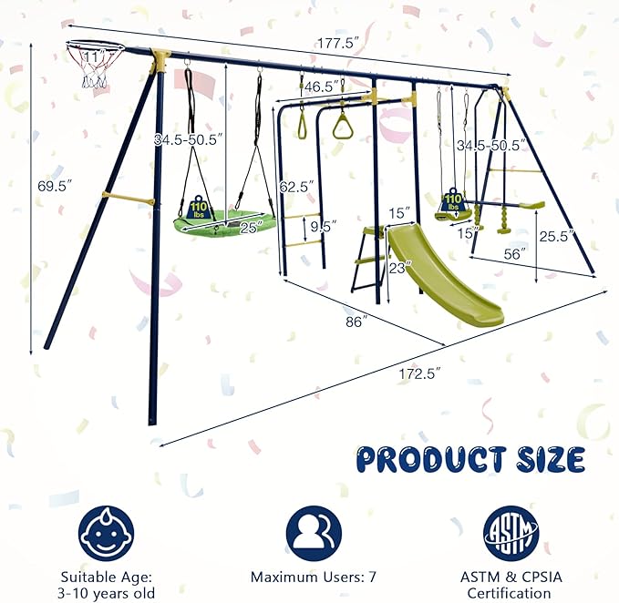 Costzon 660 lbs Swing Sets for Backyard, 7-in-1 Heavy Duty Extra Large Metal Swing Frame w/2 Swings, Glider, Gym Rings, Slide, Monkey Bar, Basketball Hoop, Play Equipment for Indoor Outdoor