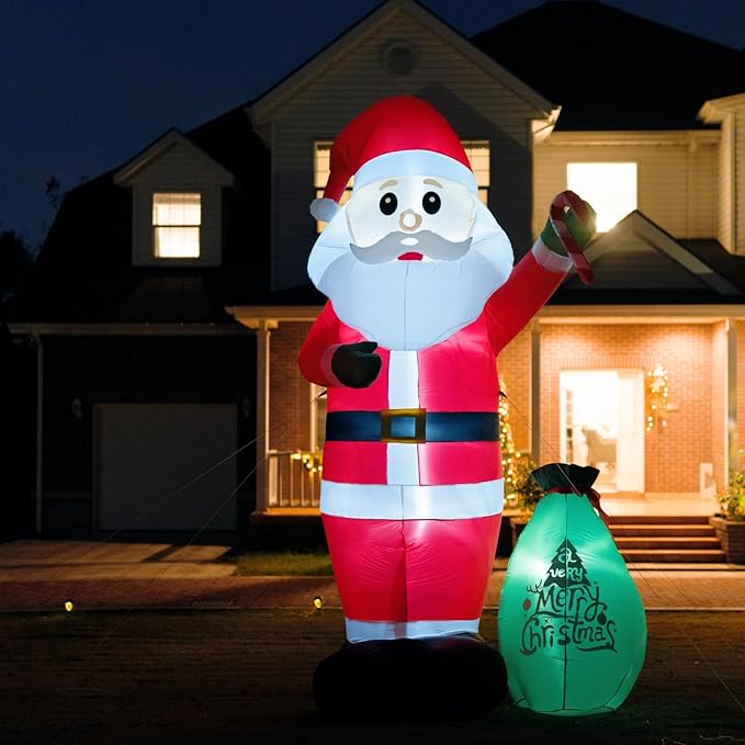 12FT Giant Christmas Blow Up Santa Claus Outdoor Decorations, with Cane Candy & Gift Bag, Built-in LED Lights, Christmas Inflatable Decors, Easy Setup for Outdoor Yard Lawn Holiday Decoration
