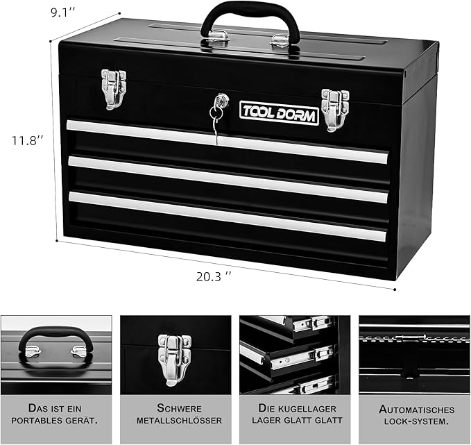 20.3¡° Metal Tool Box with Drawers Portable Steel Tool Box with Protective Liner and Latch Closure and Lock for Garage, Home and Warehouse (Black-3 Drawers)