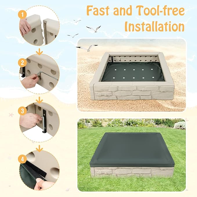 HONEY JOY Sandbox with Cover, 47 x 47 Inch Square Sand Pit for Backyard, Bottom Drainage Oxford Liner, HDPE Playful All Weather Resistant Sand Boxes for Kids Outdoor with Lid (White)