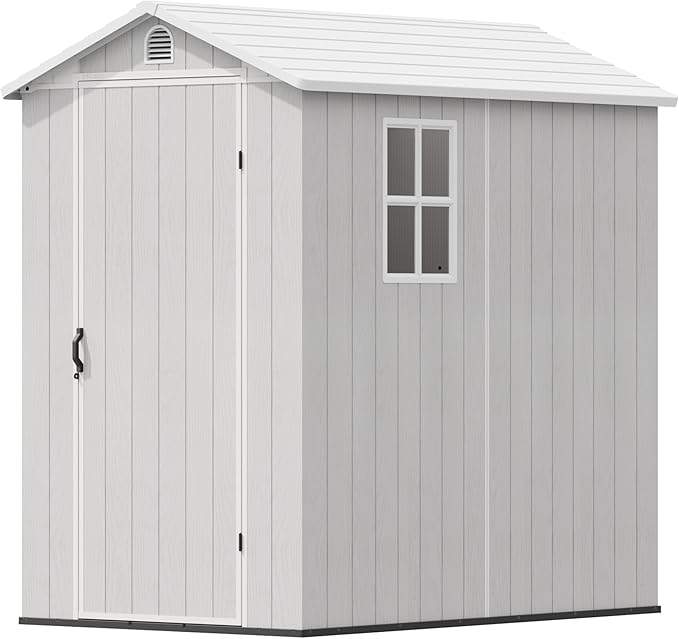 Devoko 4x6 FT Outdoor Storage Plastic Shed, Waterproof Resin Garden Shed with Lockable Door, Floor & Window, All-Weather Tool Shed for Backyard, Patio, Lawn, Poolside