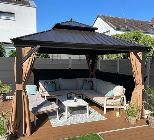 PURPLE LEAF Hardtop Gazebo 12' X 12' Metal Roof with Netting and Curtains Hard Top Backyard Patio Gazebos Permanent Canopy Deck Garden Hot Tub Outdoor Pavilion