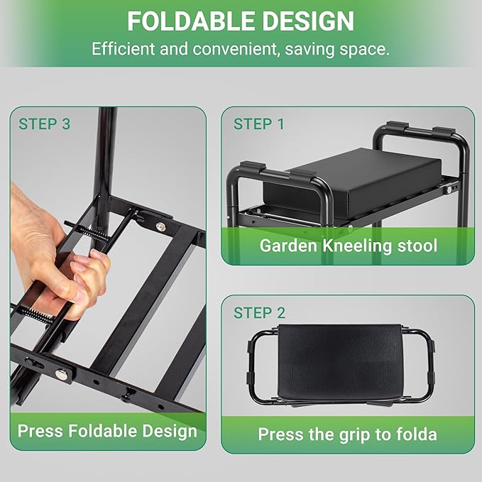 Walensee Garden Kneeler and Seat ? Foldable Heavy Duty Garden Stool with Soft Leather Kneeling Pad, Removable Tool Pouch, Sturdy Steel Frame, No Assembly, Ideal Gardening Gift for Women & Men
