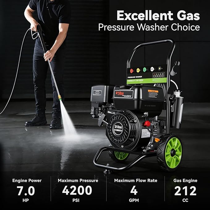 4200PSI Gas Pressure Washer 4.0GPM Gas Power Washer 212CC Gas Powered Washing Machine Commercial High Pressure Washer with 25ft Hose&5 Nozzles for Patio Garden Yard Vehicle,EPA/CARB/ETL (Black)