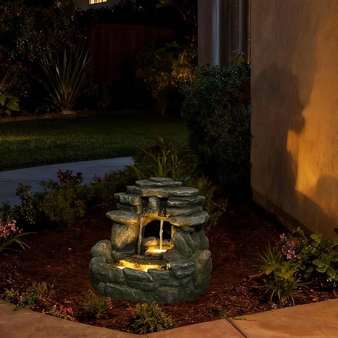 15.6''H Small Rock Water Fountain Outdoor&Indoor, 3-Tier Garden Waterfall with Warm Lights and 2 Flows for Patio, Backyard, Deck, Porch, Home DéCor, Stone Gray