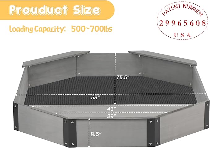 75.5''x53''x8.5'' Octagon Sandbox with Storage Box for Kids Outdoor Play, Wood Large Sandpit with Cover & 3 Benches, Quick Easy Install