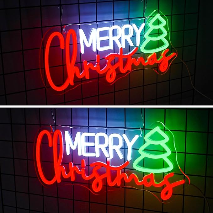 Horseneon Christmas Neon Led Sign, Merry Christmas Neon Signs for Wall Decor, Christmas Tree Neon Light Sign with USB Powered for Christmas Party, Windows, Home Decor, Bedroom, Living room, Bar