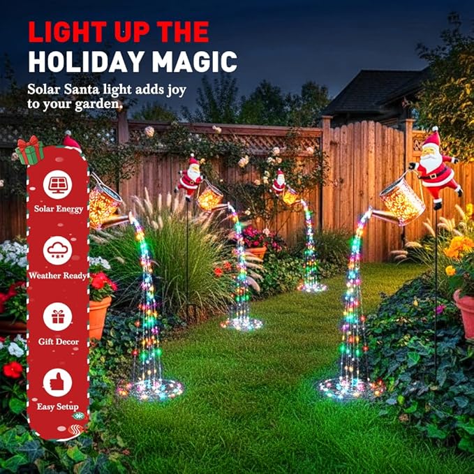 Christmas Santa Solar Kettle Lights Garden Lawn Decorative Lights, Hanging Metal Solar Santa Claus Watering Can Light for Outdoor, Xmas Yard Decor Lamp Vintage Lantern for Patio Path (Mix)