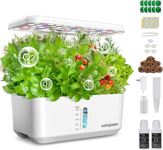 Ahopegarden Indoor Hydroponics Growing System: 10 Pods Garden Kit with LED Grow Light and Efficient Pump for Growing Fresh Herb/Lettuce/Tomatoes - Hydroponic Planter for Kitchen & Home Gardening