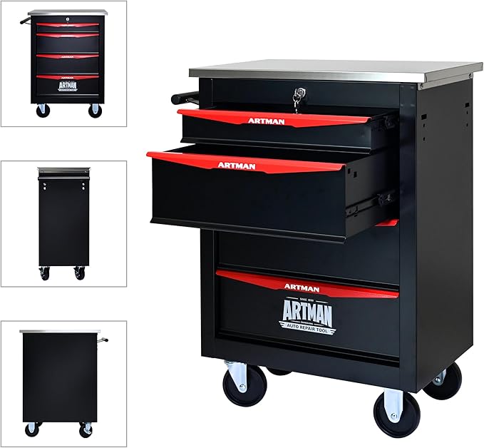 RYH 4/5/6/7 Drawers Rolling Tool Chest -Heavy Duty Mobile Metal Tool Box with Locking Wheels, with Stainless Steel Worktop, Garage Tool Storage Cabinet (Black, 4-Drawers 30.7 H¡¿22.2 W)