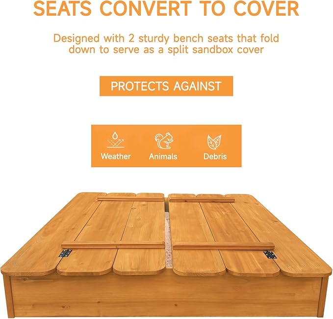 Wooden Sandbox with Cover, 48x48 Inch Large Outdoor Sand Box for Kids Ages 4-8, Cedar Wood Sandpit with Foldable Bench Seats & Bottom Liner