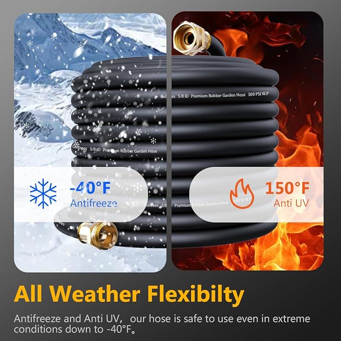 Garden Hose 150FT x 3/4¡±, Heavy Duty Rubber Hose, Water Hose with Five Layered Braiding, Male Female Fittings, 1000PSI Burst, 200PSI Working (Black)