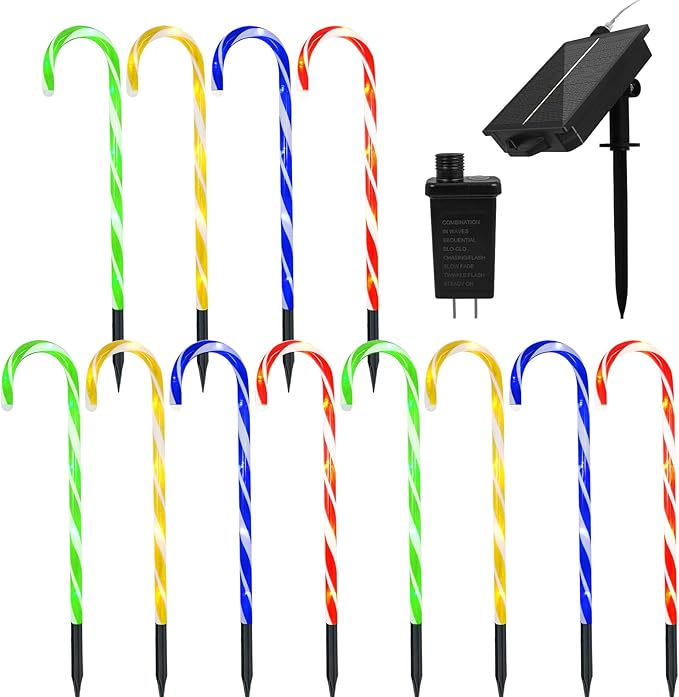 Anordsem Solar Christmas Decorations Outdoor: 12 Pack Candy Cane Pathway Lights - 21" Waterproof LED 8 Colorful Lighting Models Yard Garden DIY Decor - 2026 Xmas Gifts for Homeowners