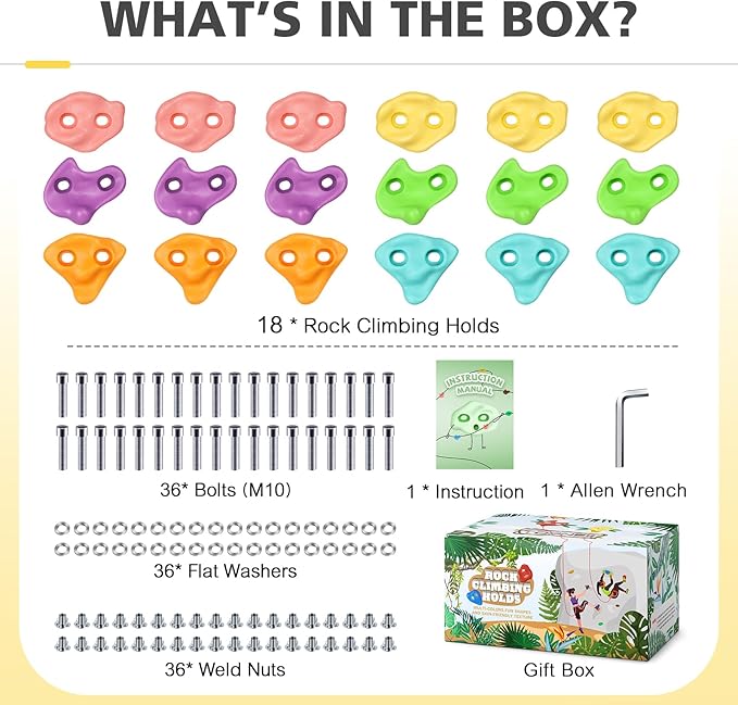 TOPNEW 18PCS Climbing Holds for Kids, Rock Wall Climbing Kit with Hardware for Indoor and Outdoor Climbing Wall, Soft Color