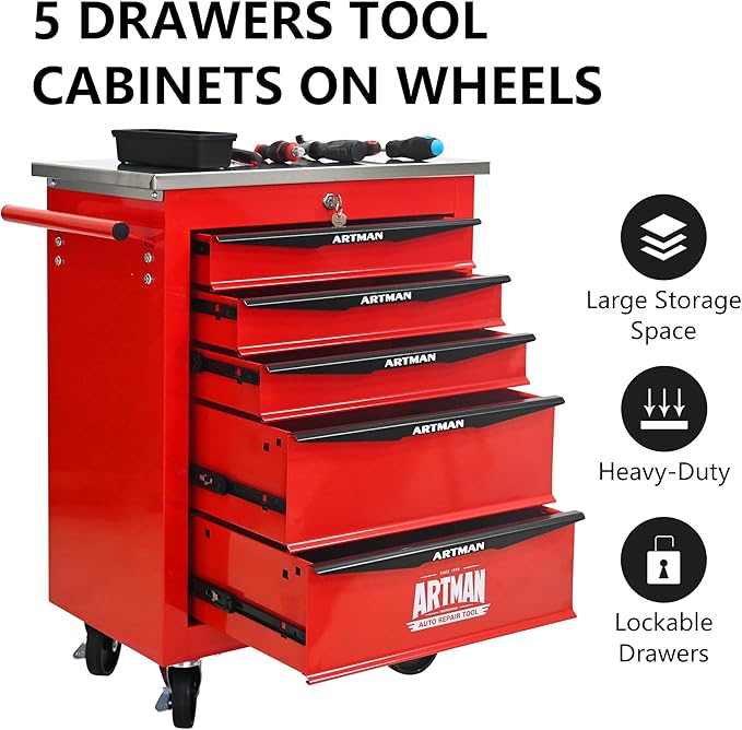 RYH 4/5/6/7 Drawers Rolling Tool Chest -Heavy Duty Mobile Metal Tool Box with Locking Wheels, with Stainless Steel Worktop, Garage Tool Storage Cabinet (Red, 5-Drawers 30.7 H¡¿22.2 W)