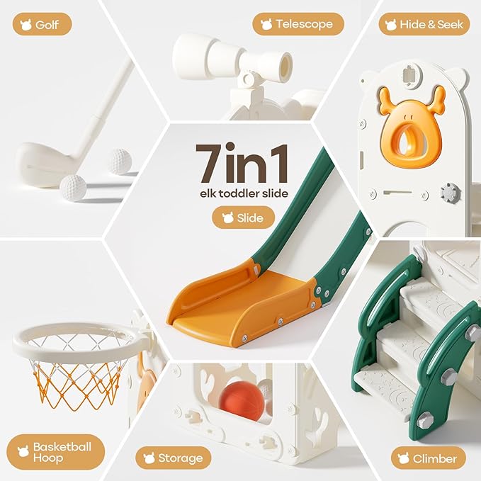 Mloong 7 in 1 Toddler Slide, Kids Slide for Toddlers Baby 1-3 Years Old, Indoor and Outdoor with Basketball Hoop Upgraded Golf, Plastic Slides for Kids Elk Theme(Yellow & Green)(28×62×39in)