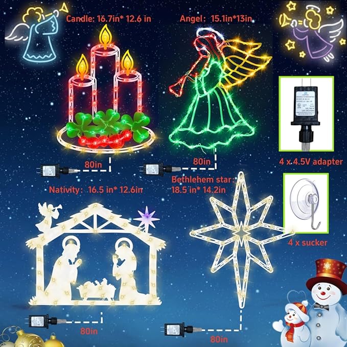 Christmas Decorations -16" Christmas Window Silhouette Lights - 4 Pack Colour Lighted Angel & Nativity & Bethlehem Star & Candle for Holiday Indoor and Outdoor Wall Door Window Decorate