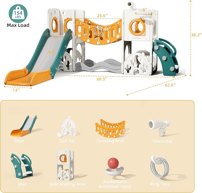 Toddler Playground Playset with Climbing Arch, Golf Set, Slide & Basketball Hoop - Outdoor Toys, Safe & Durable Plastic Garden Equipment (Green Yellow, Without Swing)