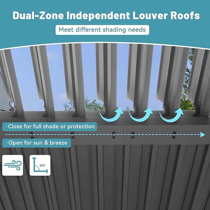 Louvered Pergola 10 x 12 FT, Aluminum Outdoor Pergola with Independent Adjustable Rainproof Top, Built-in Gutter System, Hardtop Patio Metal Pergolas for Deck Garden Backyard -Grey