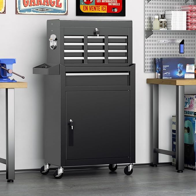 Crownland 5-Drawer Rolling Tool Chest with Wheels, Lockable 2 in 1 Detachable Tool Cabinet wit Drawers and Black Liners, Garage Top Toolbox & Bottom Storage Cart with Side Hooks(Black)