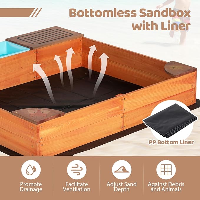 Kids Sandbox with Kitchen Playset, 2 in 1 Wood Sand Pit with Cover & Bottom Liner, Outdoor Toddler Sand Box with Corner Seats, Storage Bin, Sink & Cooking Accessories for Garden Beach Backyard