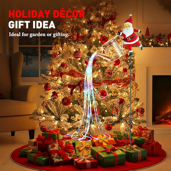 Christmas Santa Solar Kettle Lights Garden Lawn Decorative Lights, Hanging Metal Solar Santa Claus Watering Can Light for Outdoor, Xmas Yard Decor Lamp Vintage Lantern for Patio Path (Mix)