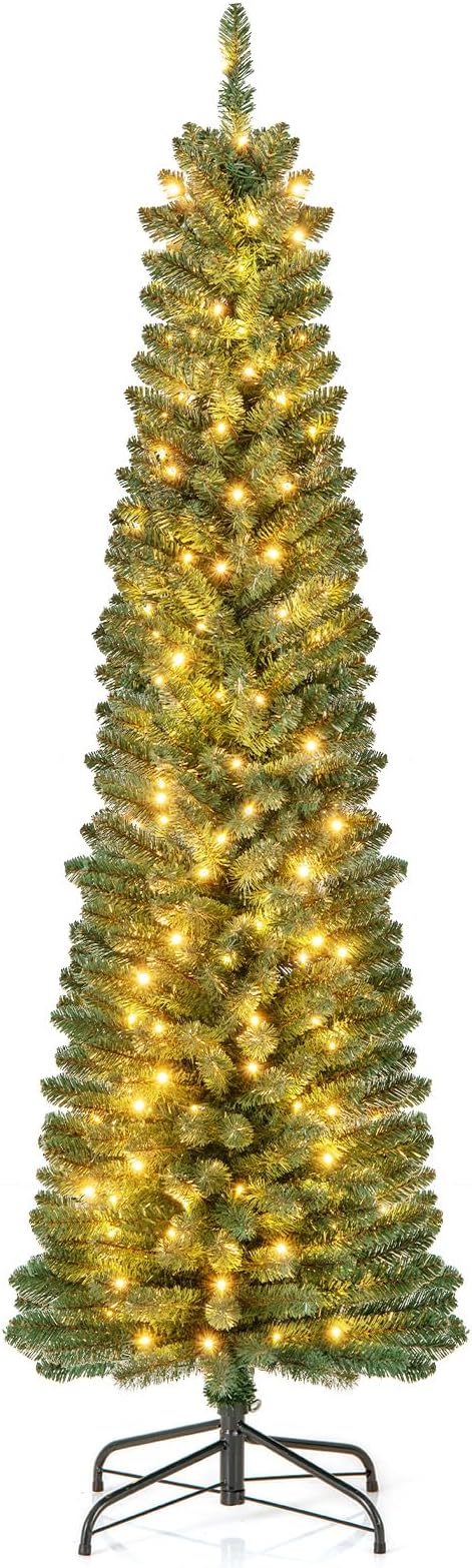 GOFLAME 6FT Prelit Pencil Christmas Tree, Slim Artificial Xmas Tree with 392 Memory Wire Branch Tips, 140 Warm White LED Lights & Upgraded Metal Stand, Seasonal Holiday Decoration Tree for Home Party
