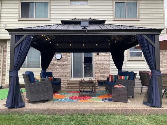 PURPLE LEAF 12' X 14' Hardtop Gazebo Canopy with Curtains and Netting for Patio Deck Backyard Heavy Duty Sunshade UV Protection Metal Outdoor Permanent Pavilion