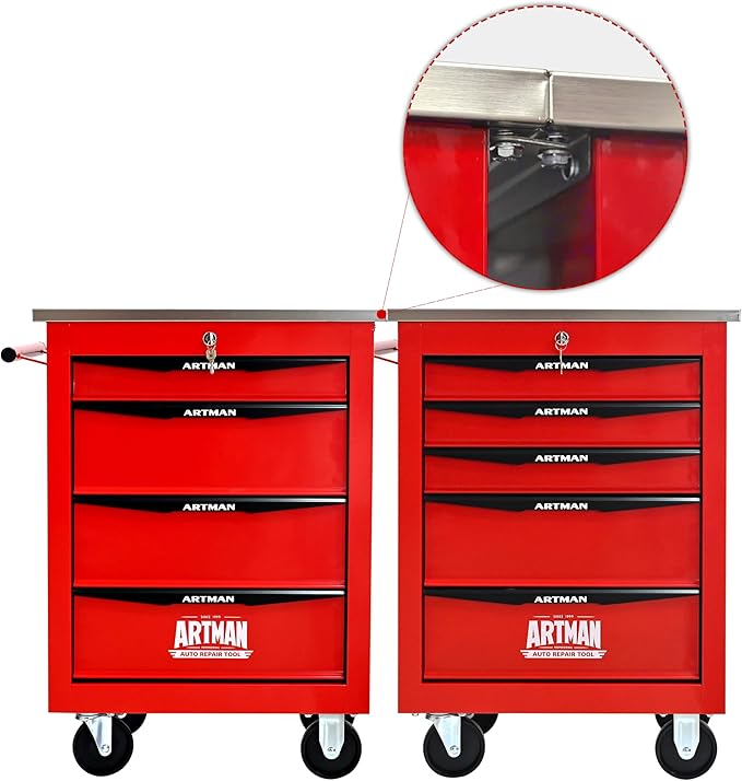 RYH 4/5/6/7 Drawers Rolling Tool Chest -Heavy Duty Mobile Metal Tool Box with Locking Wheels, with Stainless Steel Worktop, Garage Tool Storage Cabinet (Red, 4-Drawers 30.7 H¡¿22.2 W)
