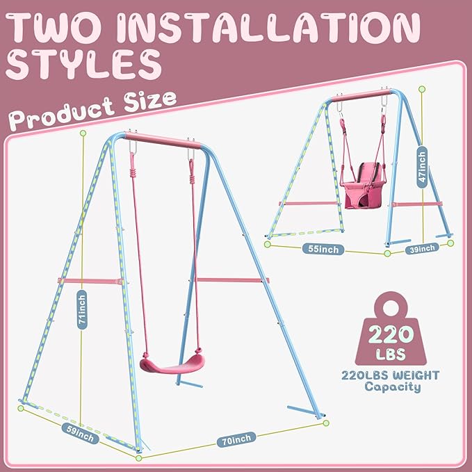 2-in-1 Toddler Swing Set with Foldable Stand, Baby Swingset with 2 Types of Anchors for Indoor & Outdoor, 1 Belt & 1 Soft Swing Seat with Safety Harness & Height Adjuster for 6 Months and Older Kids