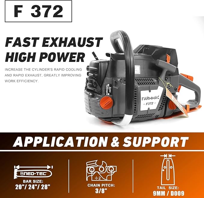 FARMMAC F372 Gas Chainsaw, 71cc 2-Cycle Gasoline Power Chain Saws, 4.1KW 5.5HP for Professional Logging Work, All Parts Compatible with Husqvarna 372X
