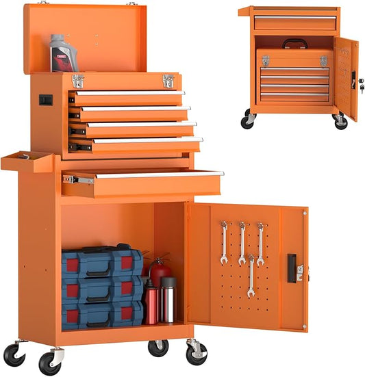 5-Drawer Rolling Tool Chest, High Capacity Removable Tool Storage Cabinet, Detachable Toolbox with Lock for Garage Warehouse and Tool Room (Orange)