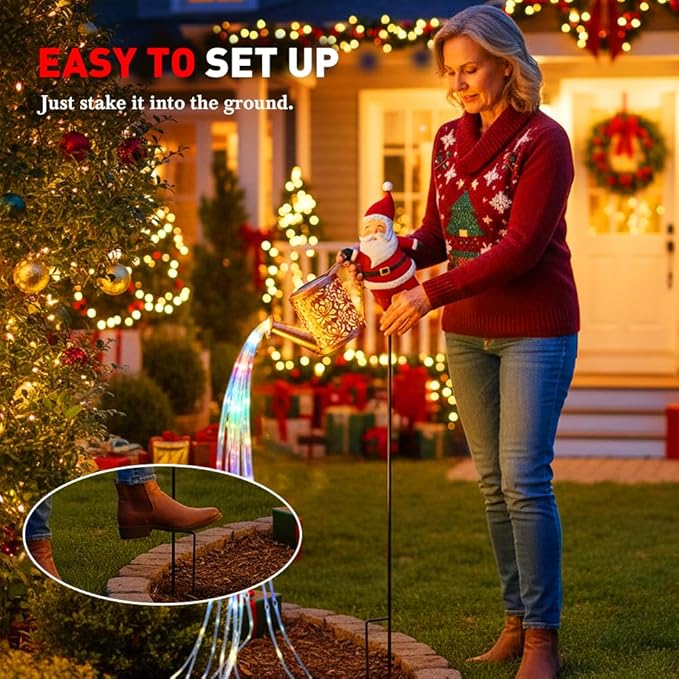 Christmas Santa Solar Kettle Lights Garden Lawn Decorative Lights, Hanging Metal Solar Santa Claus Watering Can Light for Outdoor, Xmas Yard Decor Lamp Vintage Lantern for Patio Path (White)