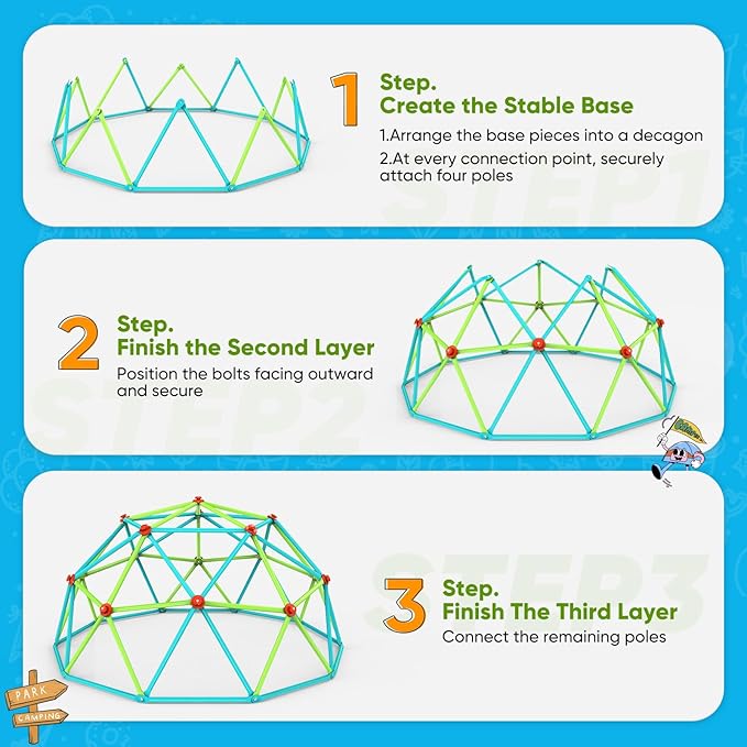 Zupapa New Upgraded Outdoor Geometric Dome Climber with Tent, 1000LBS Weight Capability, 3D Assembly Video, Suitable for 1-6 Kids Climbing Frame (Cayn+Green, 10FT)