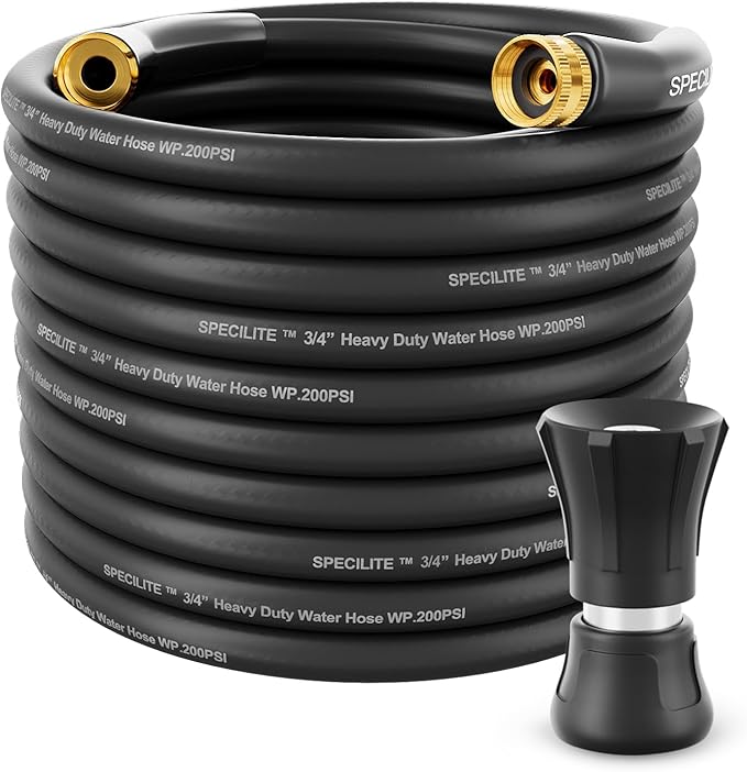 SPECILITE 3/4 Garden Hose 100 ft with High Flow Nozzle, Heavy Duty Flexible Hybrid Rubber Water Hose for Outdoor, Lightweight, Leak-Proof, No-Kink, 3/4Brass Fittings,Black