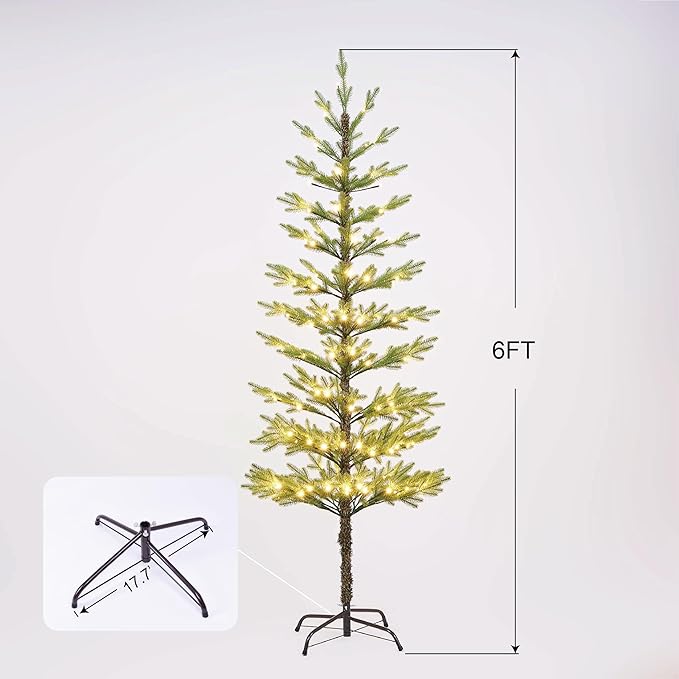 6FT 132 LED Minimalist Pre-Lit Slim Pencil Artificial Christmas Tree with Warm White Lights Scandinavian Style Decor Indoor Holiday Decoration Modern Xmas Tree