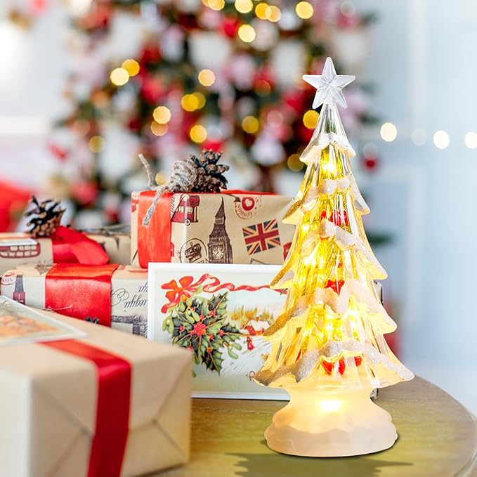 Small Christmas Tree White Acrylic Tree with Red Berries 11 Inch Tabletop Christmas Tree with LED Lights Timer Vintage Christmas Decoration Battery Operated Medium Transparent