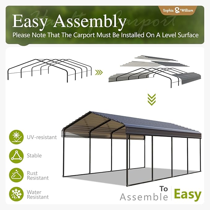 Carport Car Port Metal Canopy 12x20 ft Heavy Duty for Snow, Portable Garage Kit Shed Tent Shelter Metal Frame All Weather Outdoor for Boat with Removable Sidewalls, Dark Grey, Sophia & William