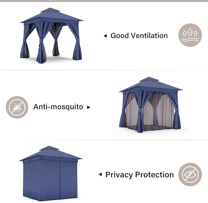 LAUSAINT HOME 8x8ft Outdoor Patio Gazebo with Double Roof, Heavy Duty Waterproof Gazebo Canopy Tent with Mosquito Netting for Backyard, Garden, Lawn & Wedding, Navy Blue