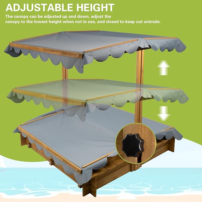 PetsCosset Wooden Sandbox with Lid, Kids Sandbox with Cover Outdoor, with 2 Foldable Bench Seats for Backyard (47x47in), UV-Resistant & Adjustable Height Roof, Gift for Ages 2-8