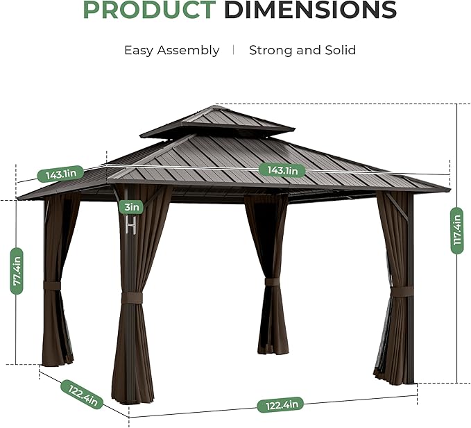 12' x 12' Hardtop Gazebo, Aluminum Frame with Double Galvanized Steel Roof, Outdoor Metal Gazebo with Netting & Curtains for Backyard, Garden, or Deck, Brown