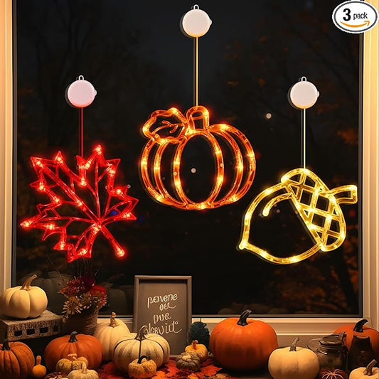 LOLStar Fall Decor Window Lights 2025 Thanksgiving Decorations Acorn Maple Leaves Pumpkin LED Lights with Suction Cups Battery Operated(Exclusive) Slow Fade Mode Timer Autumn Decorations for Home