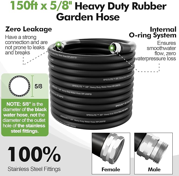 SPECILITE 5/8 Garden Hose 150 ft with High Flow Nozzle, Heavy Duty Flexible Hybrid Rubber Water Hose for Outdoor, Lightweight, Leak-Proof, No-Kink, 3/4Stainless Steel Fittings,Black