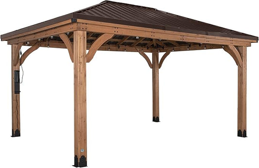 Backyard Discovery Barrington 16' x 12' Cedar Wood Outdoor Gazebo Pavilion with Hardtop Galvanized Steel Hip Roof, Snow Support, Wind Resistance, PowerPort, Shade for Garden, Patio, Deck, Entertaining